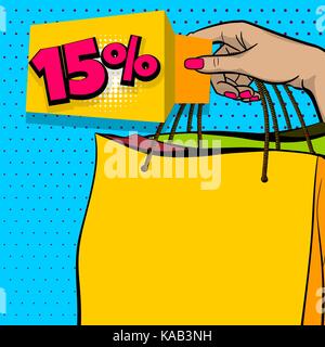 Sale shopping advertising. Pop art woman hand hold shop bag. Percentage discount banner. Vector comic text store illustration. Retro girl poster dot b Stock Vector