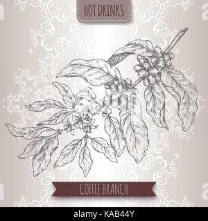Coffee branch sketch with beans and flowers. Hot drinks collection. Stock Vector