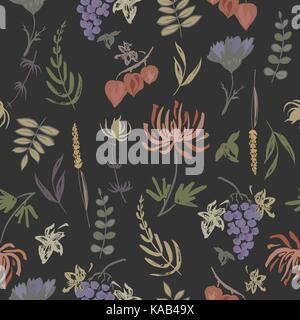 Seamless patterm based on color hand painted ink autumn leaves, flowers, herbs and berries Stock Vector