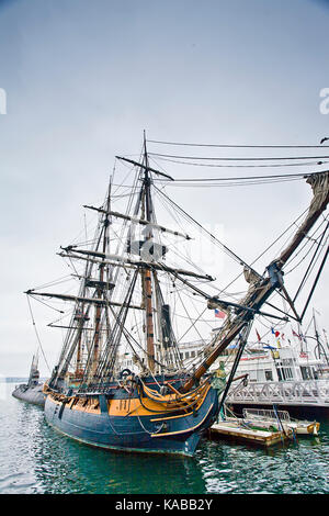 Wide angle photo of Tall ship HMS Surprise at the Festival of Sail in San Diego Bay, CA US.  HMS Surprise is a replica of an 18th century Royal Navy f Stock Photo