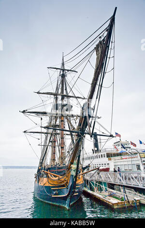 Wide angle photo of Tall ship HMS Surprise at the Festival of Sail in San Diego Bay, CA US.  HMS Surprise is a replica of an 18th century Royal Navy f Stock Photo