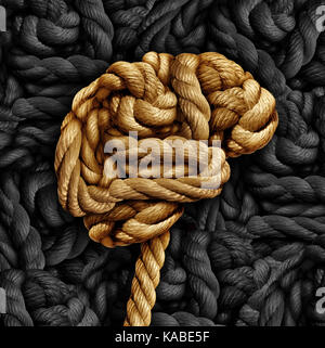 Brain disorder mental health concept as a rope twisted into a human thinking organ as a medical neurological symbol for mind function. Stock Photo