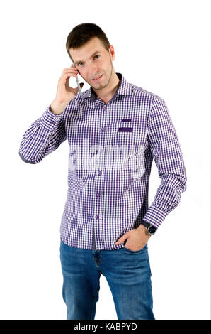 Man using smart phone isolated on white background Stock Photo