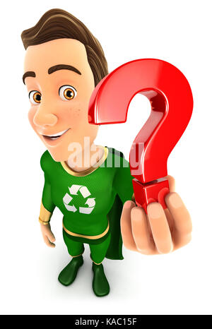 3d green hero holding a question mark icon, illustration with isolated white background Stock Photo