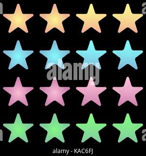 Rounded star, white star collection with stripes and colored gradient, geometric figure in the shape of star on the black background Stock Vector
