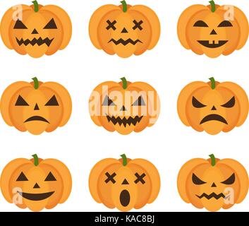 Halloween pumpkin icon set with emoji. Scary emoticons pumpkins collection. Isolated on white background. Vector illustration, clip-art. Stock Vector