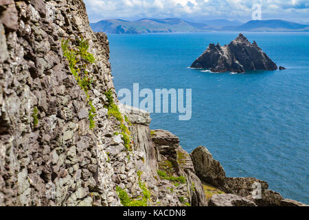 Remains of the medieval Gaelic Christian monastery on Skellig Michael,  view to Little Skellig. Off coast of Iveragh peninsula, County Kerry, Ireland Stock Photo