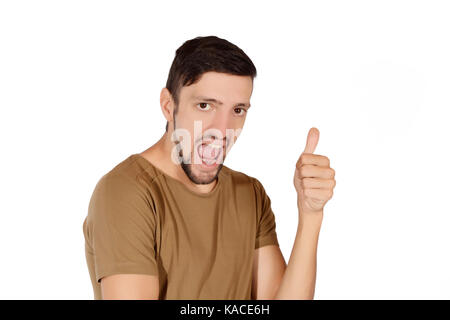 Portrait of young latin man doing ok gesture. Isolated white background. Stock Photo