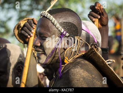 Bodi tribe man celebrating Kael ceremony, Gurra, Hana Mursi, Omo Valley, Ethiopia Stock Photo