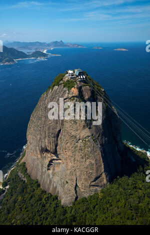 Cable car station atop Sugarloaf Mountain (Pão de Açúcar), Rio de Janeiro, Brazil, South America - aerial Stock Photo