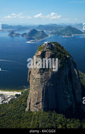 Cable car station atop Sugarloaf Mountain (Pão de Açúcar), Rio de Janeiro, Brazil, South America - aerial Stock Photo