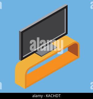 Illustration of black flat screen TV on shelf, television set, electric home equipment, 3d isometric flat design object. Vector Illustration. Stock Vector