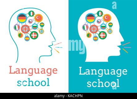 icon of the language school in the form of a silhouette of a man with interrelated flags of different countries and his translation and communication  Stock Vector