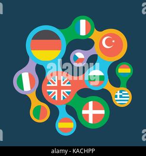concept of language learning in the form interrelated flags of different countries as a symbol of translation and communication in different languages Stock Vector