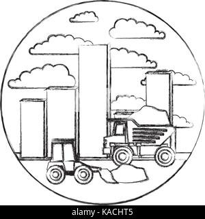 building set city landscape construction with dump truck and bulldozer in circular shape monochrome blurred silhouette Stock Vector