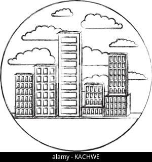 building set city landscape construction in circular shape monochrome blurred silhouette Stock Vector