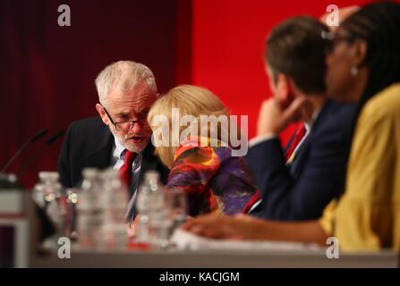 Labour Party leader Jeremy Corbyn looks on during Emily Thornberry's speech the second day of the Labour Party Conference - 25 Sep 2017 Stock Photo