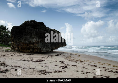 Giant round rock on Cattlewash Beach on the east coast of Barbados Stock Photo