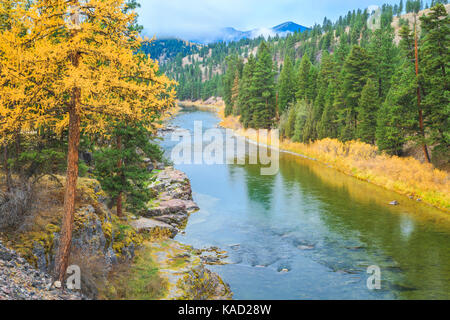 autumn morning along blackfoot river near potomac, montana Stock Photo