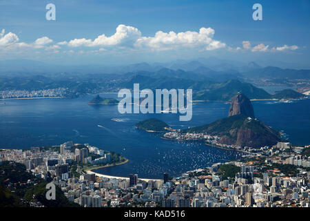 Sugarloaf Mountain, Guanabara Bay, and Botafogo Beach, Rio de Janeiro, Brazil, South America - aerial Stock Photo