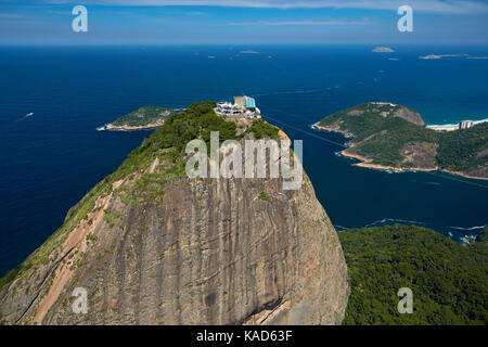 Cable car station atop Sugarloaf Mountain (Pão de Açúcar), Rio de Janeiro, Brazil, South America - aerial Stock Photo