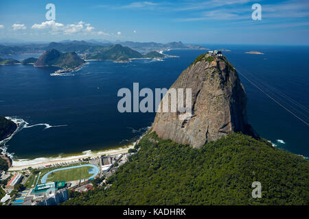 Cable car station atop Sugarloaf Mountain (Pão de Açúcar), Rio de Janeiro, Brazil, South America - aerial Stock Photo