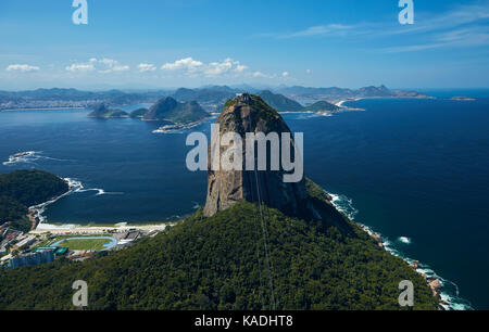 Cable car station atop Sugarloaf Mountain (Pão de Açúcar), Rio de Janeiro, Brazil, South America - aerial Stock Photo