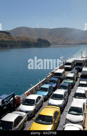 Inter Islander Ferry entering South Island after crossing Cook Strait between Picton and Wellington in New Zealand Stock Photo