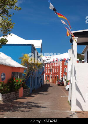 Assorted views of St. Georges, Bermuda with it's well-known pastel structures and colorful decorations. Stock Photo