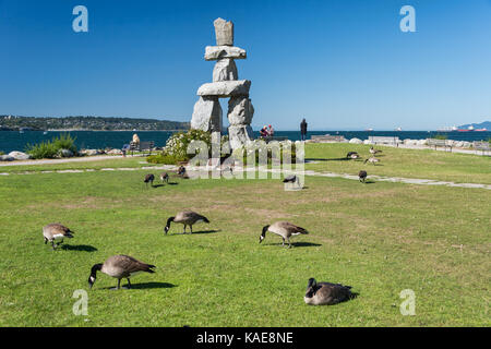 Inukshuk Monument at English Bay, Vancouver, B.C., Canada (September 2017) Stock Photo