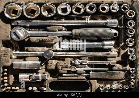Dirty mechanics tool set in a box Stock Photo