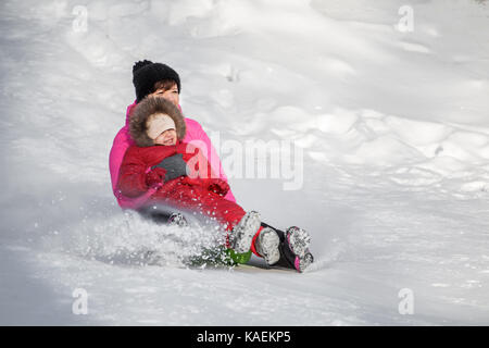 Happy mother and her daughter enjoying a sledge ride down the hills, winter games and fun.  Family holiday and togetherness. Stock Photo