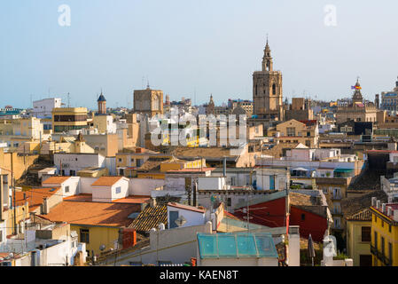 Valencia city view, view over the rooftops of the old town Barrio del Carmen area of Valencia with the cathedral towers visible on the skyline, Spain. Stock Photo