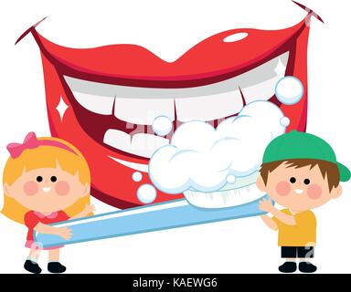 Smiling mouth, kids holding a toothbrush and brushing teeth. Stock Vector