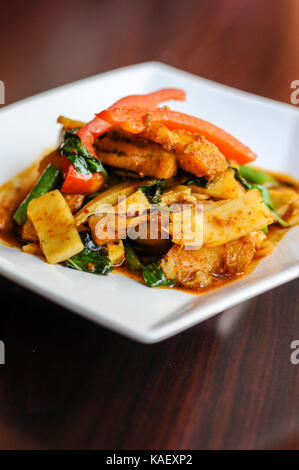 Spicy Stir Fried Bamboo Shoot With Crispy Pork Curry On Plate Stock ...