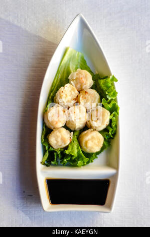 Shrimp Shumai, Steamed or deep fried shrimp shumai dumpling. Stock Photo