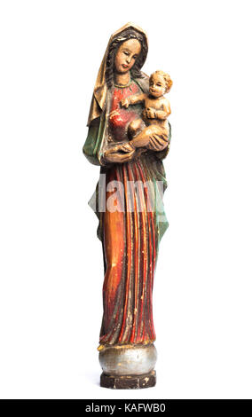 old statue of maria and jesus on a white background Stock Photo