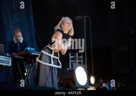 The talented Norwegian singer, musician and songwriter AURORA performs a live concert at the Norwegian music festival Øyafestivalen 2016 in Oslo. Norway, 10/08 2016. Stock Photo