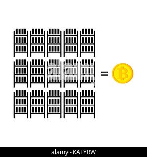 Mining farm. Extraction of Cryptocurrency. Stand gpu. Technology for obtaining bitcoin and etherium. data center. Vector illustration Stock Vector