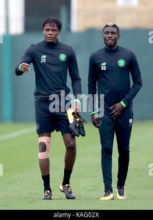 Celtic's Dedryck Boyata (left) and Eboue Kouassi during the training session at Lennoxtown, Glasgow. Stock Photo
