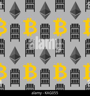 Bitcoin seamless pattern. Mining farm and Cryptocurrency background. Vector illustration Stock Vector