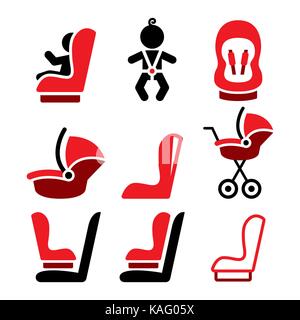 Baby car seat vector icons, toddle car seat - safe child traveling icons Stock Vector