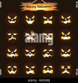 Vector Easy-To-Use 16 Flat Emoticons Of Jack O' Lantern Facial Expressions As Glowing Candle/Flame  Inside Pumpkin Heads On Black Background Stock Vector