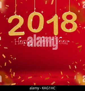 2018 Happy new year gold color and confetti hanging at red studio room,Hoilday greeting card,Mock up for display or montage of product ( 3d rendering  Stock Photo