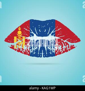 Mongolia Flag Lipstick On The Lips Isolated On A White Background. Vector Illustration. Stock Vector