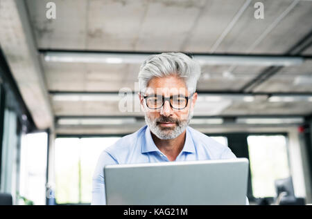 Mature businessman with laptop in creative office. Stock Photo