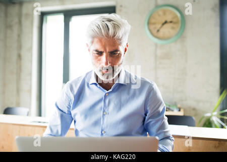 Mature businessman with laptop in creative office. Stock Photo