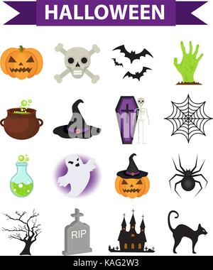Happy Halloween icons set, flat style. Isolated on white background. Halloween collection of design elements with pumpkin, witch hat, spider, zombie, skull, coffin, bat. Vector illustration. Stock Vector