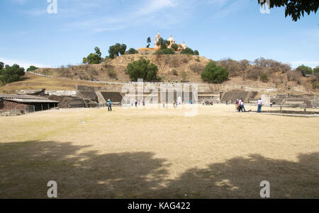 Cholula, Puebla, Mexico - 2016: Panoramic view of the Great Pyramid of Cholula, with the Nuestra Señora de los Remedios church on top. Stock Photo