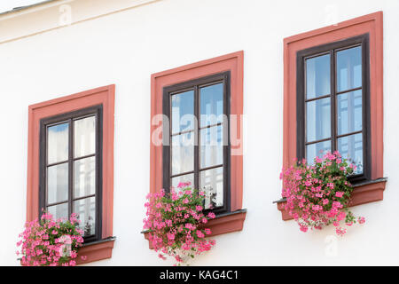 Pilsen, Czech Republic - August 16, 2017: Detail of a facade of an ancient building in the historic center of the city Stock Photo